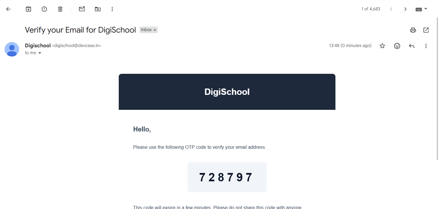 OTP verification email from DigiSchool